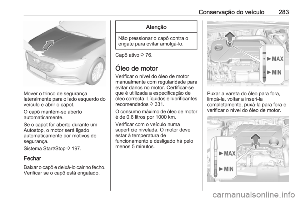 OPEL INSIGNIA BREAK 2019 Manual de Instruções (in Portugues) Conservação do veículo283
Mover o trinco de segurança
lateralmente para o lado esquerdo do veículo e abrir o capot.
O capô mantém-se aberto
automaticamente.
Se o capot for aberto durante um
Aut OPEL INSIGNIA BREAK 2019 Manual de Instruções (in Portugues) Conservação do veículo283
Mover o trinco de segurança
lateralmente para o lado esquerdo do veículo e abrir o capot.
O capô mantém-se aberto
automaticamente.
Se o capot for aberto durante um
Aut