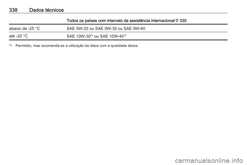 OPEL INSIGNIA BREAK 2019 Manual de Instruções (in Portugues) 338Dados técnicosTodos os países com intervalo de assistência internacional 3 330abaixo de -25 °CSAE 0W-20 ou SAE 0W-30 ou SAE 0W-40até -20 °CSAE 10W-30 1)
ou SAE 10W-40 1)1)
Permitido, mas rec OPEL INSIGNIA BREAK 2019 Manual de Instruções (in Portugues) 338Dados técnicosTodos os países com intervalo de assistência internacional 3 330abaixo de -25 °CSAE 0W-20 ou SAE 0W-30 ou SAE 0W-40até -20 °CSAE 10W-30 1)
ou SAE 10W-40 1)1)
Permitido, mas rec