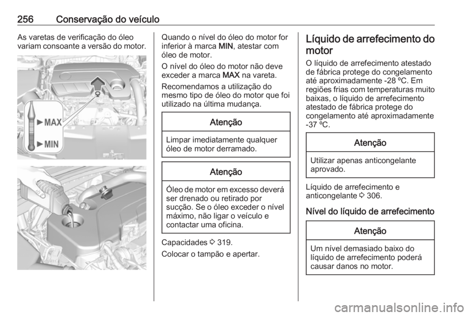 OPEL INSIGNIA BREAK 2020 Manual de Instruções (in Portugues) 256Conservação do veículoAs varetas de verificação do óleo
variam consoante a versão do motor.Quando o nível do óleo do motor for
inferior à marca MIN, atestar com
óleo de motor.
O nível OPEL INSIGNIA BREAK 2020 Manual de Instruções (in Portugues) 256Conservação do veículoAs varetas de verificação do óleo
variam consoante a versão do motor.Quando o nível do óleo do motor for
inferior à marca MIN, atestar com
óleo de motor.
O nível