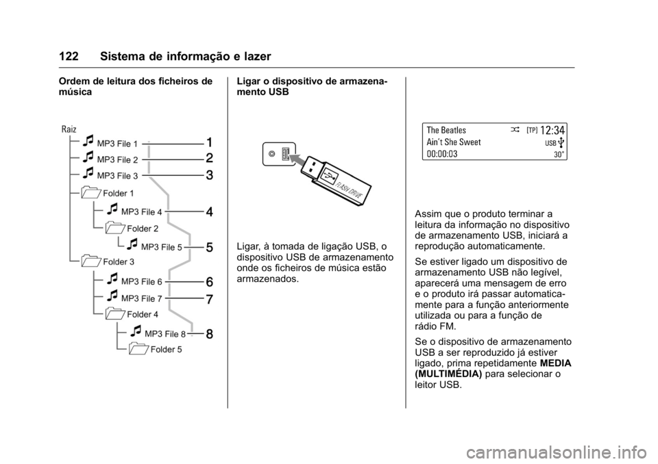 OPEL KARL 2016 Manual de Instruções (in Portugues) OPEL Karl Owner Manual (GMK-Localizing-Portugal-9231166) - 2016 - crc -
9/9/15
122 Sistema de informação e lazer
Ordem de leitura dos ficheiros de
músicaLigar o dispositivo de armazena-
mento USB
L OPEL KARL 2016 Manual de Instruções (in Portugues) OPEL Karl Owner Manual (GMK-Localizing-Portugal-9231166) - 2016 - crc -
9/9/15
122 Sistema de informação e lazer
Ordem de leitura dos ficheiros de
músicaLigar o dispositivo de armazena-
mento USB
L