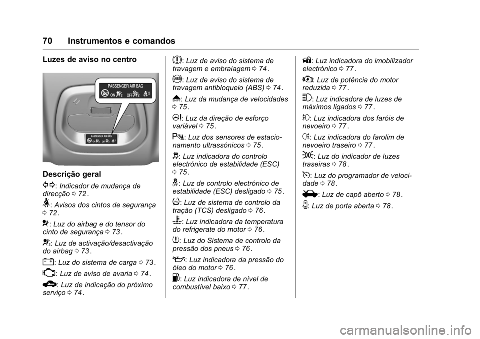 OPEL KARL 2016  Manual de Instruções (in Portugues) OPEL Karl Owner Manual (GMK-Localizing-Portugal-9231166) - 2016 - crc -
9/9/15
70 Instrumentos e comandos
Luzes de aviso no centro
Descrição geral
G:Indicador de mudança de
direcção 072ii.
>:Avis