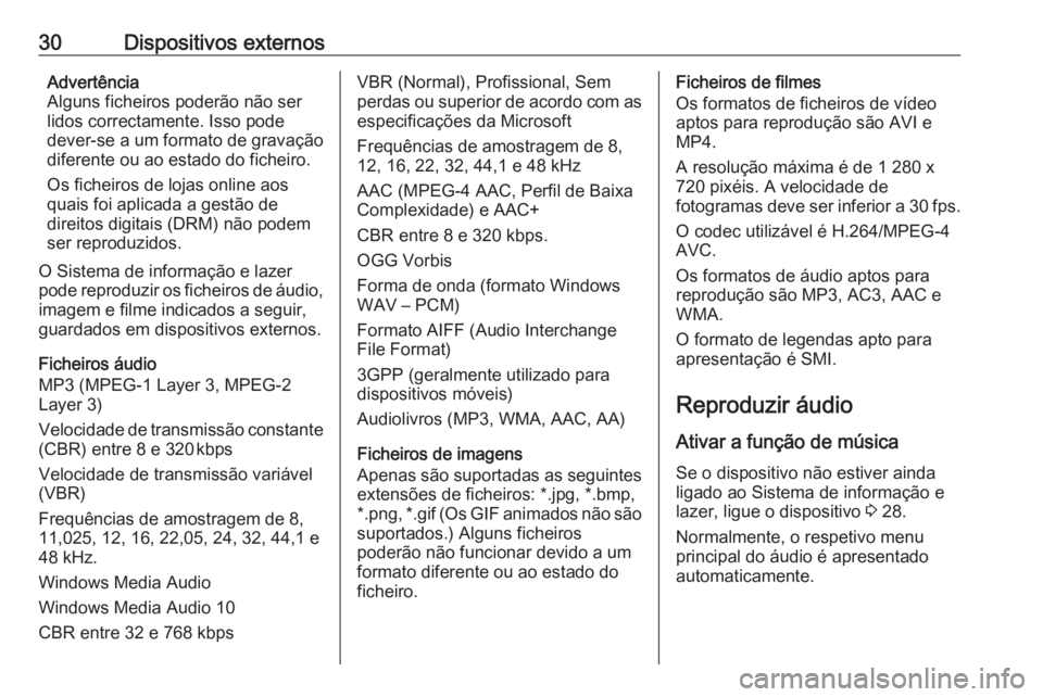 OPEL KARL 2016.5 Manual de Informação e Lazer (in Portugues) 30Dispositivos externosAdvertência
Alguns ficheiros poderão não ser
lidos correctamente. Isso pode
dever-se a um formato de gravação
diferente ou ao estado do ficheiro.
Os ficheiros de lojas onli OPEL KARL 2016.5 Manual de Informação e Lazer (in Portugues) 30Dispositivos externosAdvertência
Alguns ficheiros poderão não ser
lidos correctamente. Isso pode
dever-se a um formato de gravação
diferente ou ao estado do ficheiro.
Os ficheiros de lojas onli