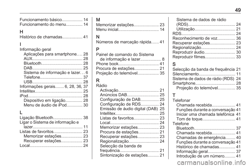OPEL KARL 2016.5 Manual de Informação e Lazer (in Portugues) 49Funcionamento básico.................14
Funcionamento do menu ..............14
H
Histórico de chamadas .................41
I
Informação geral Aplicações para smartphone ....28
AUX ............ OPEL KARL 2016.5 Manual de Informação e Lazer (in Portugues) 49Funcionamento básico.................14
Funcionamento do menu ..............14
H
Histórico de chamadas .................41
I
Informação geral Aplicações para smartphone ....28
AUX ............