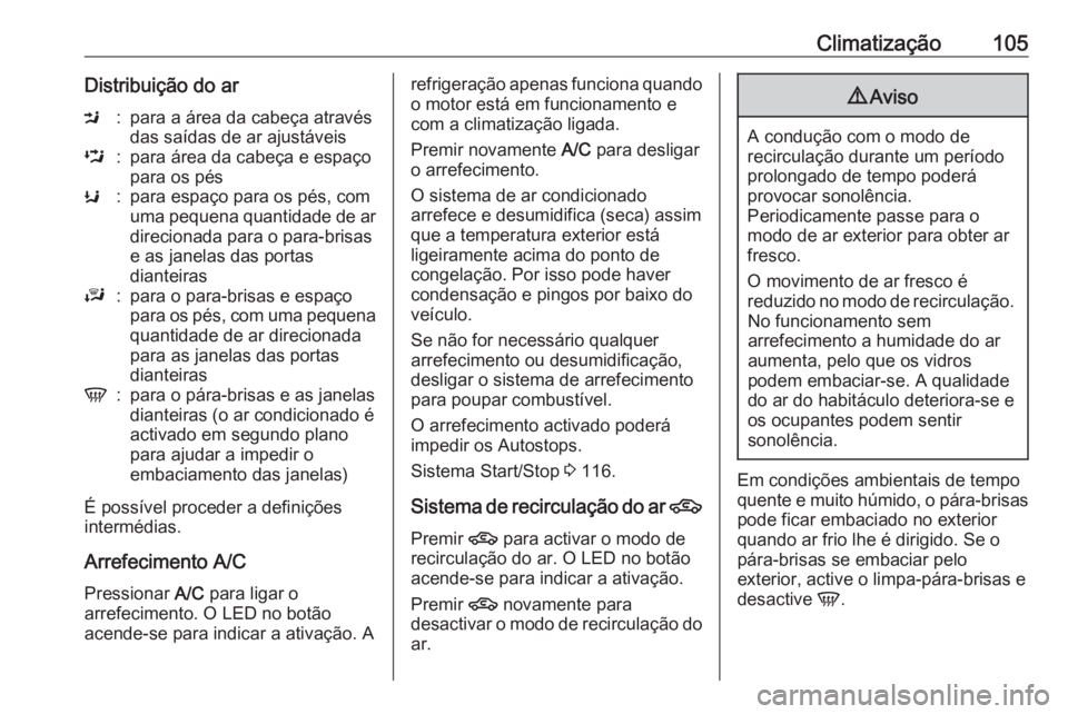 OPEL KARL 2016.5 Manual de Instruções (in Portugues) Climatização105Distribuição do arM:para a área da cabeça através
das saídas de ar ajustáveisL:para área da cabeça e espaço
para os pésK:para espaço para os pés, com
uma pequena quantida OPEL KARL 2016.5 Manual de Instruções (in Portugues) Climatização105Distribuição do arM:para a área da cabeça através
das saídas de ar ajustáveisL:para área da cabeça e espaço
para os pésK:para espaço para os pés, com
uma pequena quantida