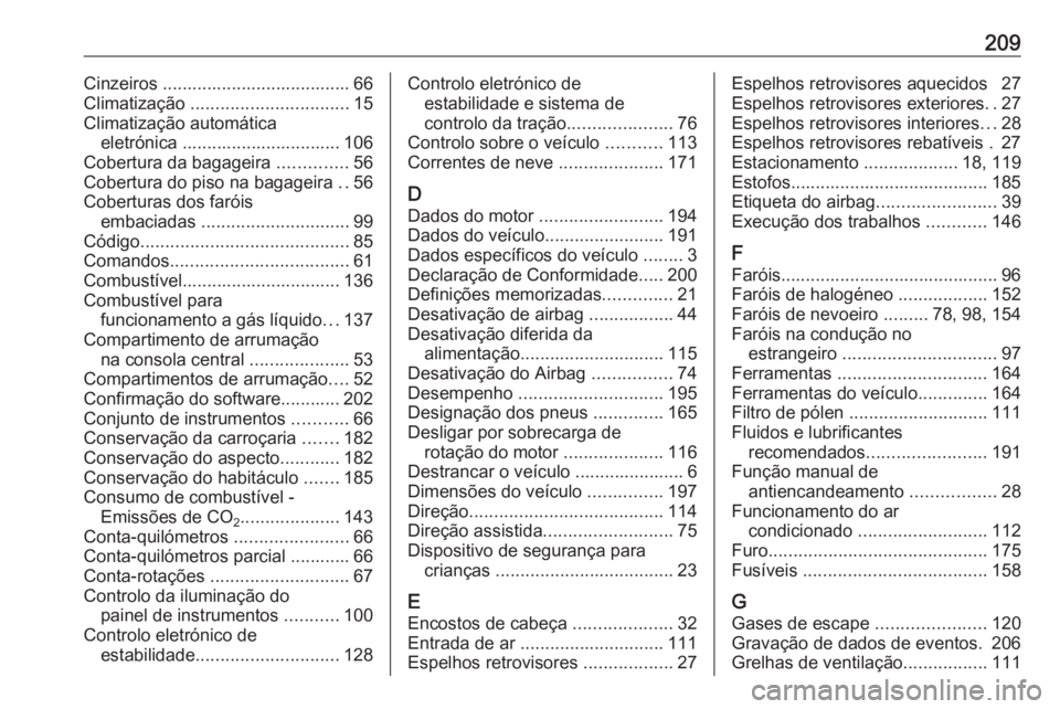 OPEL KARL 2016.5 Manual de Instruções (in Portugues) 209Cinzeiros ...................................... 66
Climatização ................................ 15
Climatização automática eletrónica ................................ 106
Cobertura da baga OPEL KARL 2016.5 Manual de Instruções (in Portugues) 209Cinzeiros ...................................... 66
Climatização ................................ 15
Climatização automática eletrónica ................................ 106
Cobertura da baga