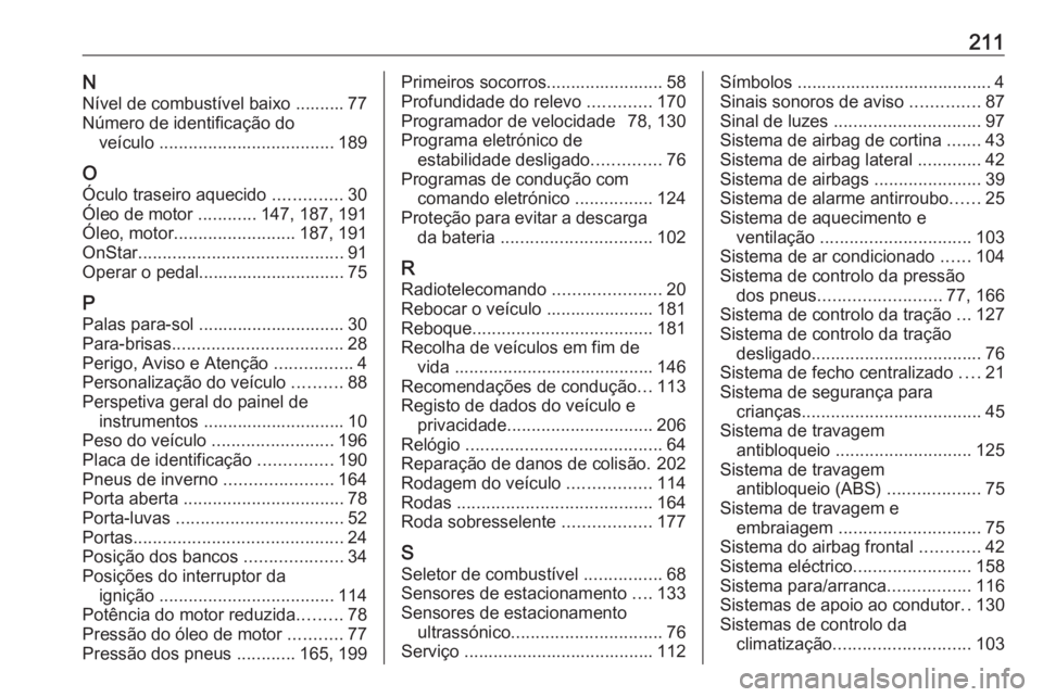 OPEL KARL 2016.5  Manual de Instruções (in Portugues) 211NNível de combustível baixo .......... 77
Número de identificação do veículo  .................................... 189
O Óculo traseiro aquecido  ..............30
Óleo de motor  ...........