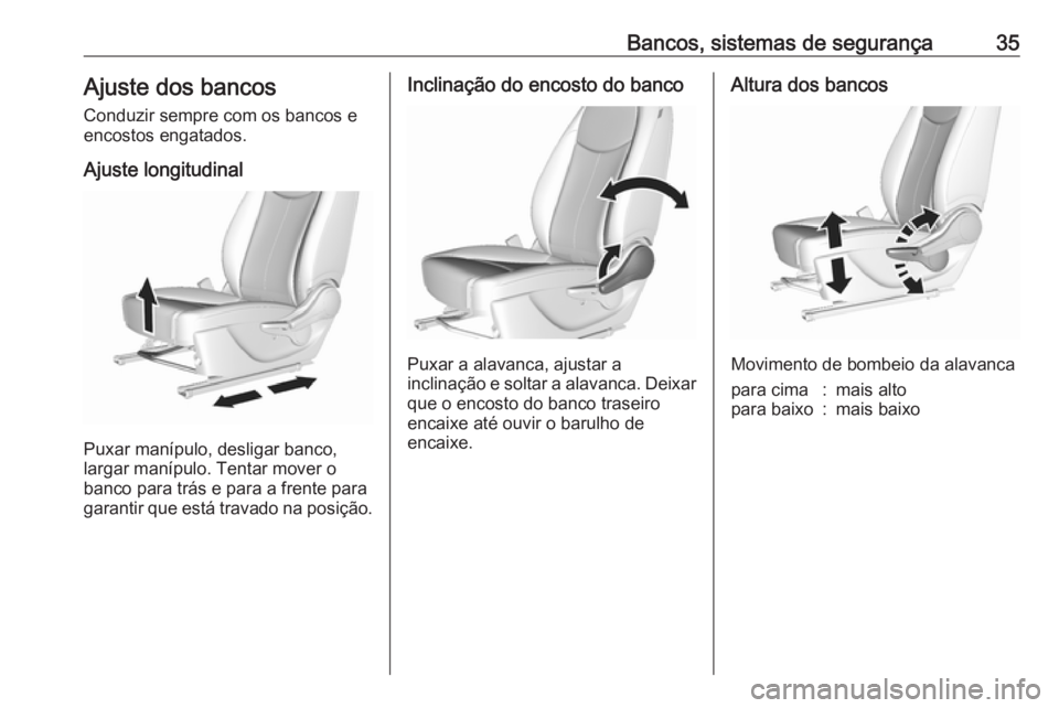 OPEL KARL 2016.5  Manual de Instruções (in Portugues) Bancos, sistemas de segurança35Ajuste dos bancos
Conduzir sempre com os bancos e
encostos engatados.
Ajuste longitudinal
Puxar manípulo, desligar banco,
largar manípulo. Tentar mover o
banco para t
