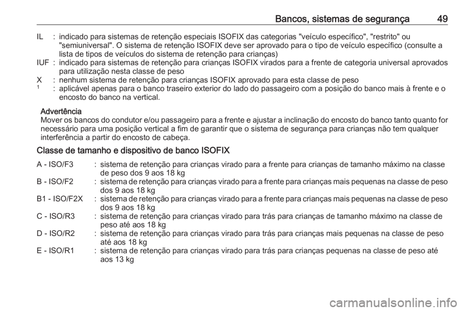 OPEL KARL 2016.5 Manual de Instruções (in Portugues) Bancos, sistemas de segurança49IL:indicado para sistemas de retenção especiais ISOFIX das categorias "veículo específico", "restrito" ou
"semiuniversal". O sistema de rete OPEL KARL 2016.5 Manual de Instruções (in Portugues) Bancos, sistemas de segurança49IL:indicado para sistemas de retenção especiais ISOFIX das categorias "veículo específico", "restrito" ou
"semiuniversal". O sistema de rete