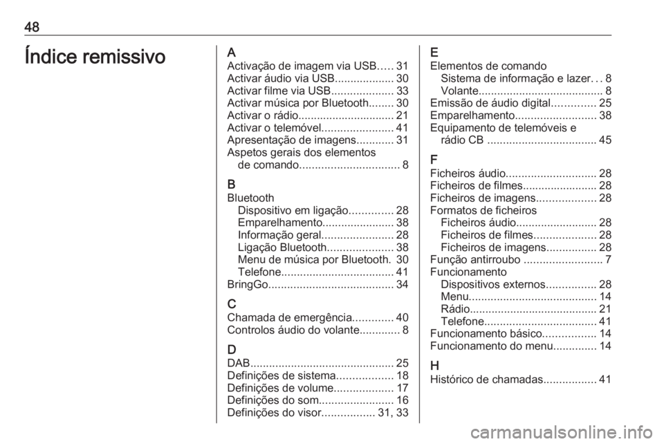 OPEL KARL 2017 Manual de Informação e Lazer (in Portugues) 48Índice remissivoAActivação de imagem via USB .....31
Activar áudio via USB ...................30
Activar filme via USB ....................33
Activar música por Bluetooth ........30
Activar o r OPEL KARL 2017 Manual de Informação e Lazer (in Portugues) 48Índice remissivoAActivação de imagem via USB .....31
Activar áudio via USB ...................30
Activar filme via USB ....................33
Activar música por Bluetooth ........30
Activar o r