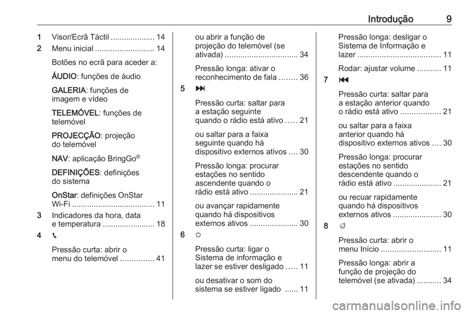 OPEL KARL 2017  Manual de Informação e Lazer (in Portugues) Introdução91Visor/Ecrã Táctil ....................14
2 Menu inicial ........................... 14
Botões no ecrã para aceder a:
ÁUDIO : funções de áudio
GALERIA : funções de
imagem e víd