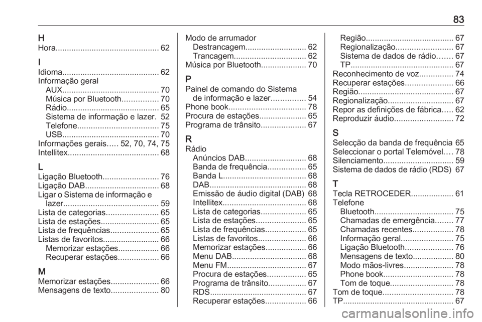 OPEL KARL 2017  Manual de Informação e Lazer (in Portugues) 83HHora .............................................. 62
I
Idioma ........................................... 62
Informação geral AUX ........................................... 70
Música por Blue