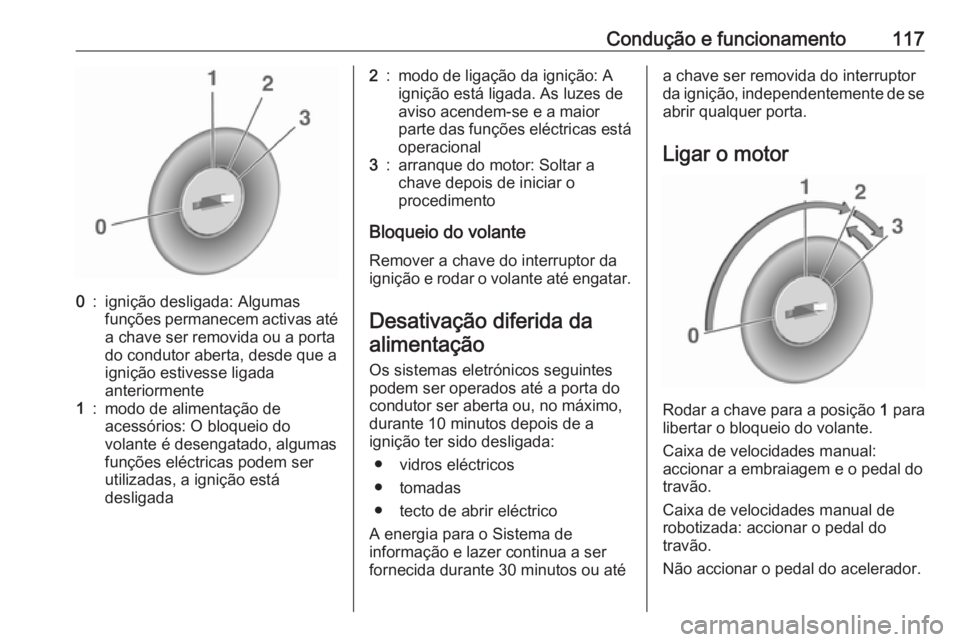 OPEL KARL 2017 Manual de Instruções (in Portugues) Condução e funcionamento1170:ignição desligada: Algumas
funções permanecem activas até
a chave ser removida ou a porta
do condutor aberta, desde que a
ignição estivesse ligada
anteriormente1: OPEL KARL 2017 Manual de Instruções (in Portugues) Condução e funcionamento1170:ignição desligada: Algumas
funções permanecem activas até
a chave ser removida ou a porta
do condutor aberta, desde que a
ignição estivesse ligada
anteriormente1: