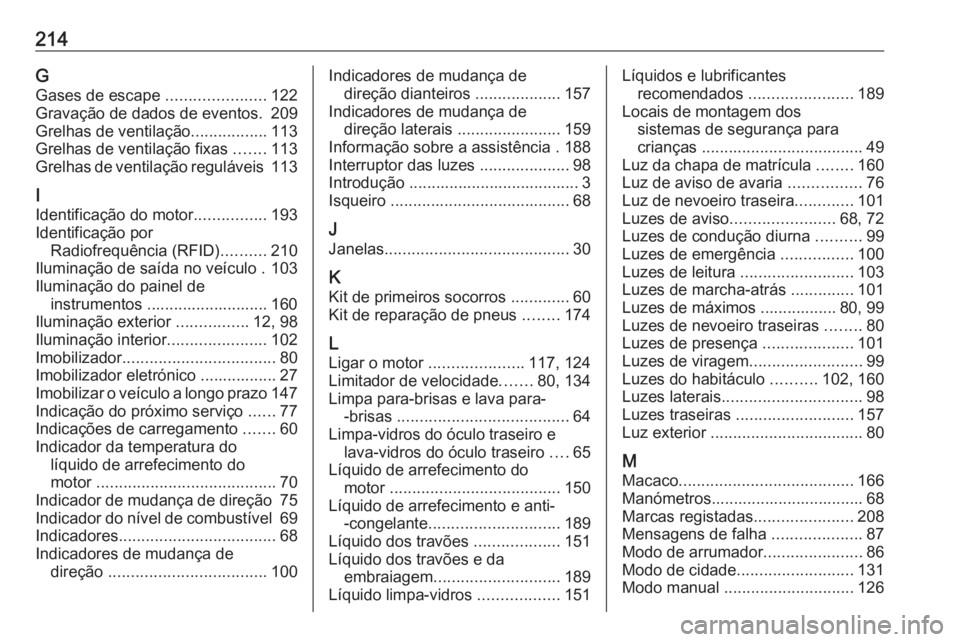 OPEL KARL 2017  Manual de Instruções (in Portugues) 214GGases de escape  ......................122
Gravação de dados de eventos. 209
Grelhas de ventilação .................113
Grelhas de ventilação fixas  .......113
Grelhas de ventilação regul�