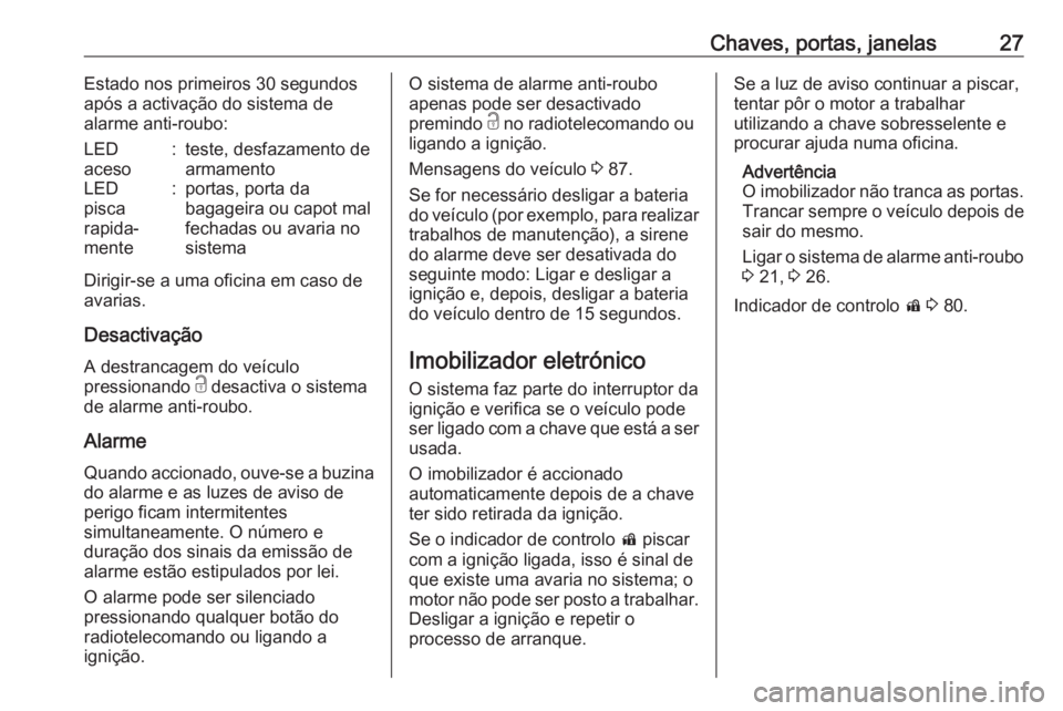 OPEL KARL 2017 Manual de Instruções (in Portugues) Chaves, portas, janelas27Estado nos primeiros 30 segundos
após a activação do sistema de
alarme anti-roubo:LED
aceso:teste, desfazamento de
armamentoLED
pisca
rapida‐
mente:portas, porta da
bagag OPEL KARL 2017 Manual de Instruções (in Portugues) Chaves, portas, janelas27Estado nos primeiros 30 segundos
após a activação do sistema de
alarme anti-roubo:LED
aceso:teste, desfazamento de
armamentoLED
pisca
rapida‐
mente:portas, porta da
bagag