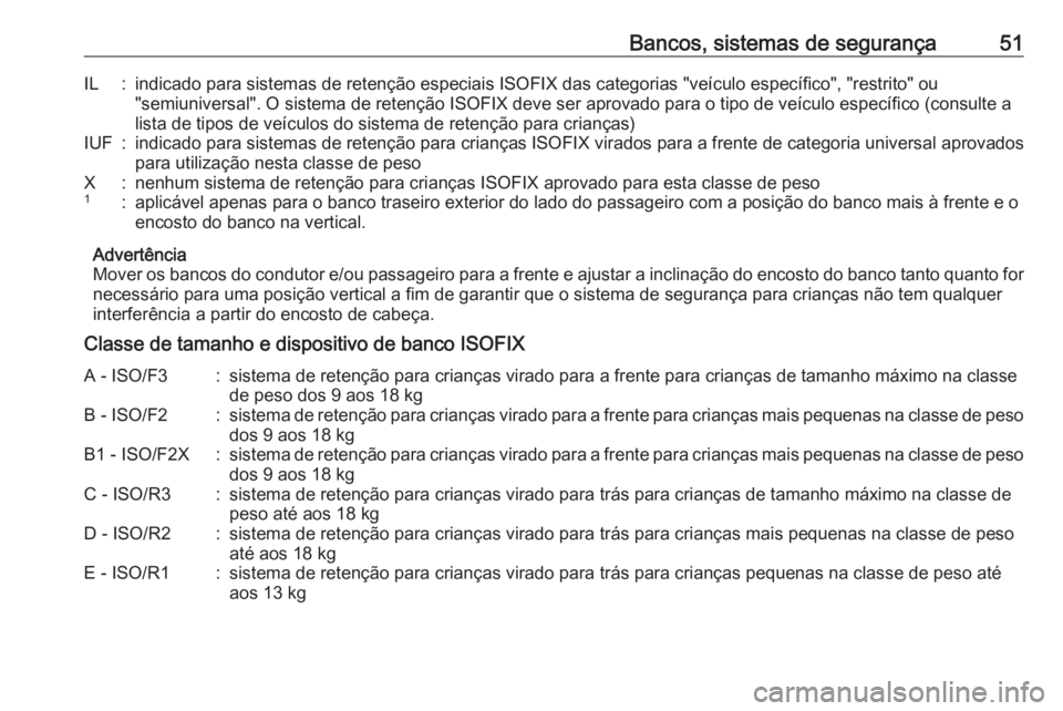 OPEL KARL 2017 Manual de Instruções (in Portugues) Bancos, sistemas de segurança51IL:indicado para sistemas de retenção especiais ISOFIX das categorias "veículo específico", "restrito" ou
"semiuniversal". O sistema de rete OPEL KARL 2017 Manual de Instruções (in Portugues) Bancos, sistemas de segurança51IL:indicado para sistemas de retenção especiais ISOFIX das categorias "veículo específico", "restrito" ou
"semiuniversal". O sistema de rete