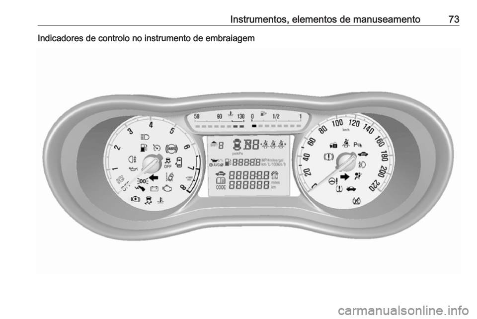 OPEL KARL 2017 Manual de Instruções (in Portugues) Instrumentos, elementos de manuseamento73Indicadores de controlo no instrumento de embraiagem OPEL KARL 2017 Manual de Instruções (in Portugues) Instrumentos, elementos de manuseamento73Indicadores de controlo no instrumento de embraiagem