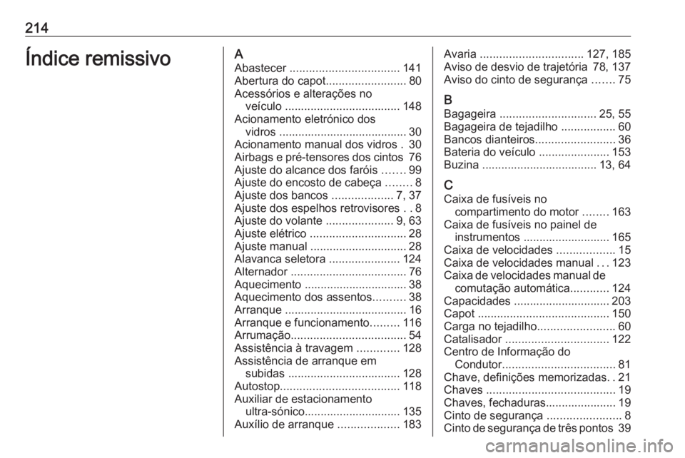 OPEL KARL 2017.5 Manual de Instruções (in Portugues) 214Índice remissivoAAbastecer .................................. 141
Abertura do capot .........................80
Acessórios e alterações no veículo .................................... 148
Ac OPEL KARL 2017.5 Manual de Instruções (in Portugues) 214Índice remissivoAAbastecer .................................. 141
Abertura do capot .........................80
Acessórios e alterações no veículo .................................... 148
Ac