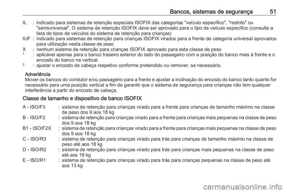 OPEL KARL 2017.5  Manual de Instruções (in Portugues) Bancos, sistemas de segurança51IL:indicado para sistemas de retenção especiais ISOFIX das categorias "veículo específico", "restrito" ou
"semiuniversal". O sistema de rete