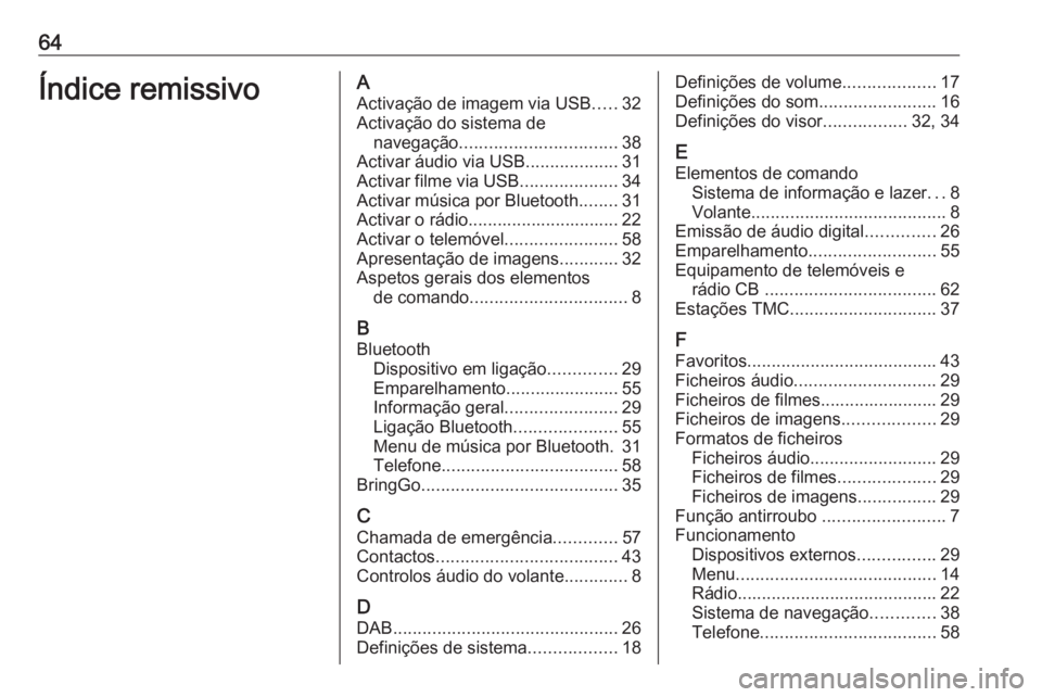 OPEL KARL 2018 Manual de Informação e Lazer (in Portugues) 64Índice remissivoAActivação de imagem via USB .....32
Activação do sistema de navegação ................................ 38
Activar áudio via USB ...................31
Activar filme via USB . OPEL KARL 2018 Manual de Informação e Lazer (in Portugues) 64Índice remissivoAActivação de imagem via USB .....32
Activação do sistema de navegação ................................ 38
Activar áudio via USB ...................31
Activar filme via USB .