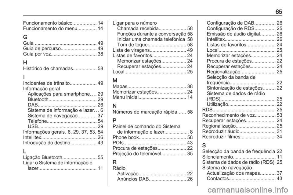 OPEL KARL 2018 Manual de Informação e Lazer (in Portugues) 65Funcionamento básico.................14
Funcionamento do menu ..............14
G
Guia ............................................. 49
Guia de percurso ..........................49
Guia por voz .. OPEL KARL 2018 Manual de Informação e Lazer (in Portugues) 65Funcionamento básico.................14
Funcionamento do menu ..............14
G
Guia ............................................. 49
Guia de percurso ..........................49
Guia por voz ..