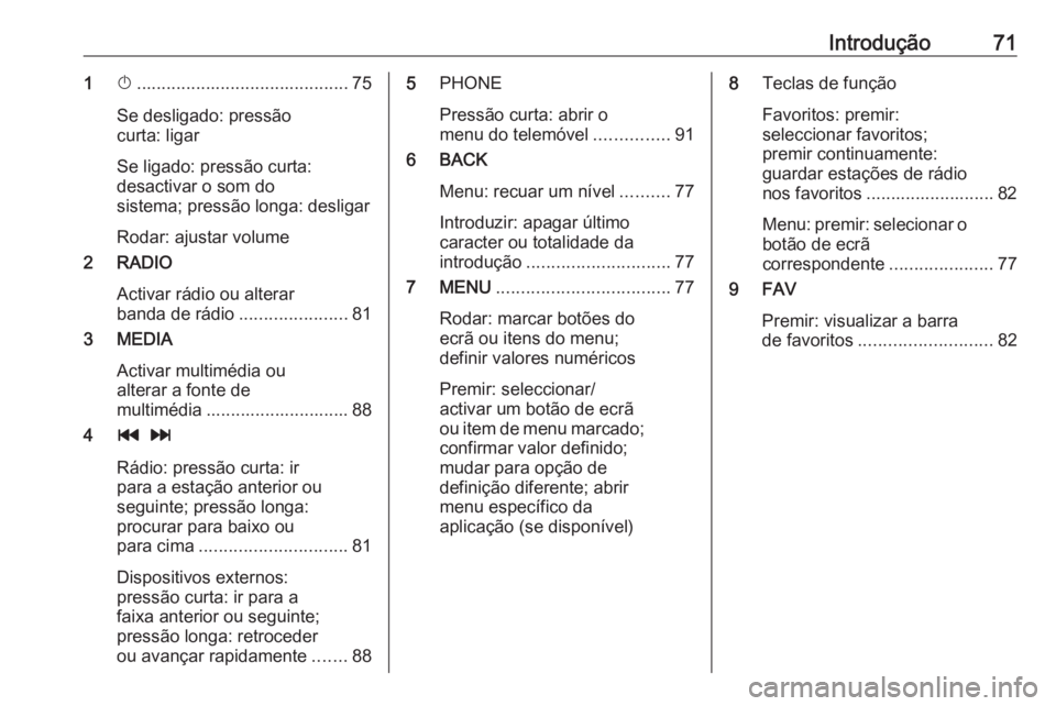 OPEL KARL 2018 Manual de Informação e Lazer (in Portugues) Introdução711X........................................... 75
Se desligado: pressão
curta: ligar
Se ligado: pressão curta: desactivar o som do
sistema; pressão longa: desligar
Rodar: ajustar volum OPEL KARL 2018 Manual de Informação e Lazer (in Portugues) Introdução711X........................................... 75
Se desligado: pressão
curta: ligar
Se ligado: pressão curta: desactivar o som do
sistema; pressão longa: desligar
Rodar: ajustar volum