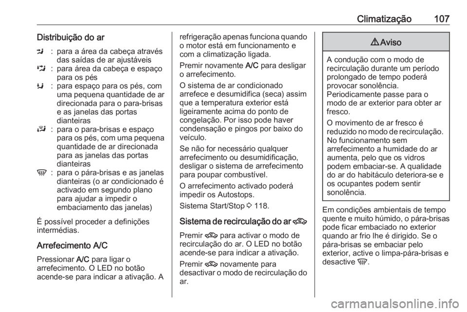 OPEL KARL 2018  Manual de Instruções (in Portugues) Climatização107Distribuição do arM:para a área da cabeça através
das saídas de ar ajustáveisL:para área da cabeça e espaço
para os pésK:para espaço para os pés, com
uma pequena quantida