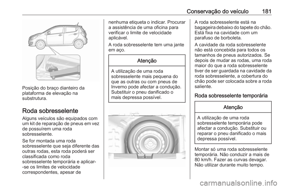 OPEL KARL 2018 Manual de Instruções (in Portugues) Conservação do veículo181
Posição do braço dianteiro da
plataforma de elevação na
substrutura.
Roda sobresselente Alguns veículos são equipados com
um kit de reparação de pneus em vez
de p OPEL KARL 2018 Manual de Instruções (in Portugues) Conservação do veículo181
Posição do braço dianteiro da
plataforma de elevação na
substrutura.
Roda sobresselente Alguns veículos são equipados com
um kit de reparação de pneus em vez
de p