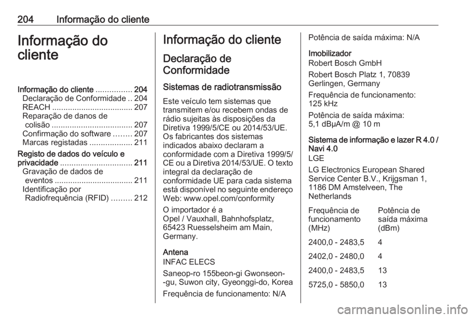 OPEL KARL 2018  Manual de Instruções (in Portugues) 204Informação do clienteInformação do
clienteInformação do cliente ................204
Declaração de Conformidade ..204
REACH .................................... 207
Reparação de danos de c