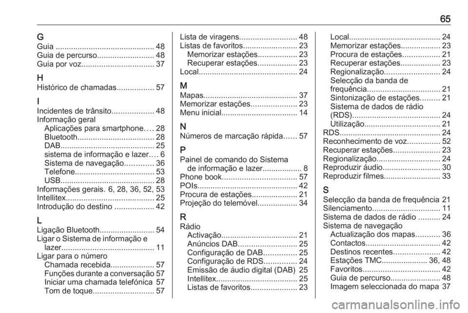 OPEL KARL 2018.5  Manual de Informação e Lazer (in Portugues) 65GGuia  ............................................. 48
Guia de percurso ..........................48
Guia por voz ................................. 37
H Histórico de chamadas .................57
I