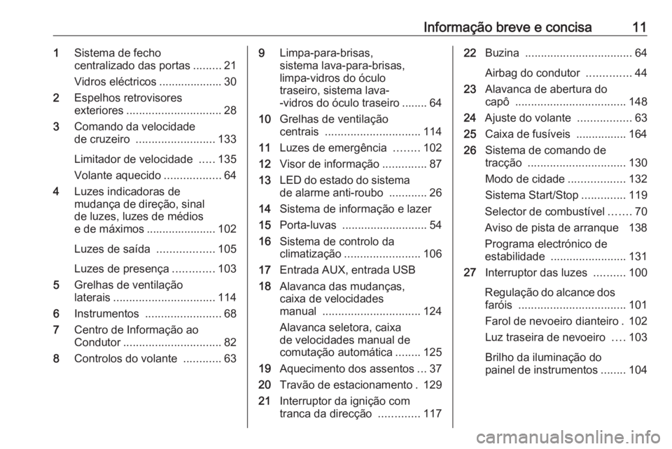 OPEL KARL 2018.5  Manual de Instruções (in Portugues) Informação breve e concisa111Sistema de fecho
centralizado das portas .........21
Vidros eléctricos .................... 30
2 Espelhos retrovisores
exteriores .............................. 28
3 Co