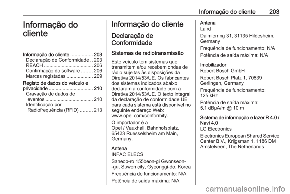 OPEL KARL 2018.5  Manual de Instruções (in Portugues) Informação do cliente203Informação do
clienteInformação do cliente ................203
Declaração de Conformidade ..203
REACH .................................... 206
Confirmação do software