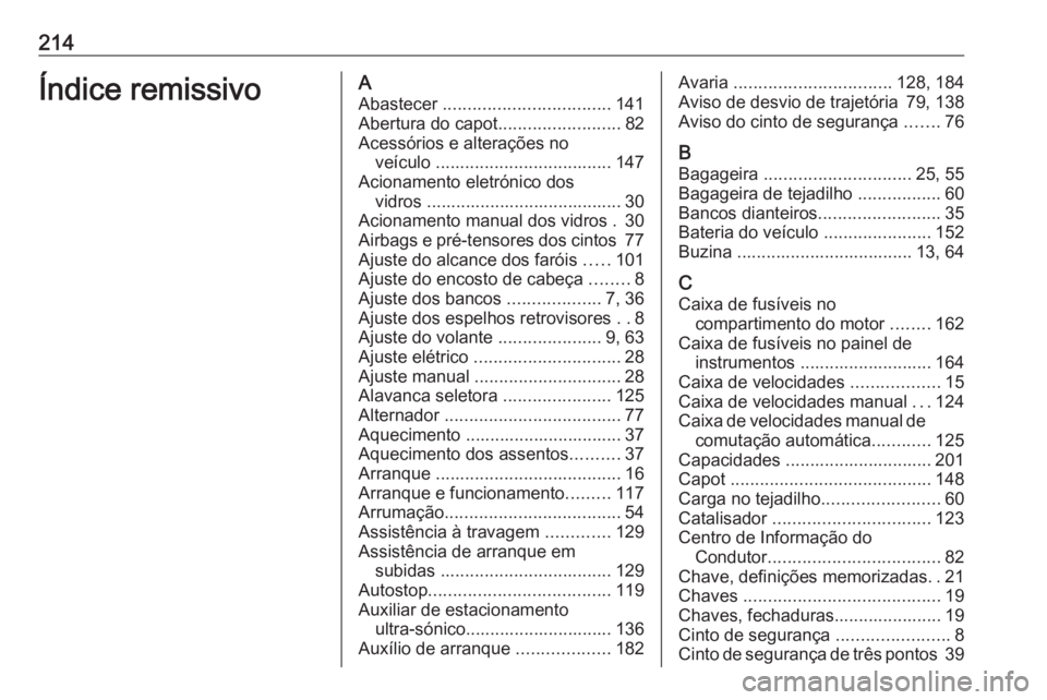 OPEL KARL 2018.5  Manual de Instruções (in Portugues) 214Índice remissivoAAbastecer  .................................. 141
Abertura do capot .........................82
Acessórios e alterações no veículo  .................................... 147
Ac