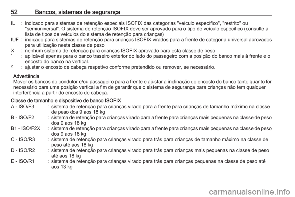 OPEL KARL 2018.5 Manual de Instruções (in Portugues) 52Bancos, sistemas de segurançaIL:indicado para sistemas de retenção especiais ISOFIX das categorias "veículo específico", "restrito" ou"semiuniversal". O sistema de reten OPEL KARL 2018.5 Manual de Instruções (in Portugues) 52Bancos, sistemas de segurançaIL:indicado para sistemas de retenção especiais ISOFIX das categorias "veículo específico", "restrito" ou"semiuniversal". O sistema de reten