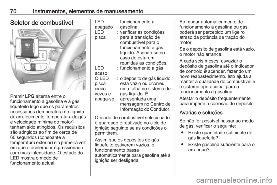 OPEL KARL 2018.5  Manual de Instruções (in Portugues) 70Instrumentos, elementos de manuseamentoSeletor de combustível
Premir LPG alterna entre o
funcionamento a gasolina e a gás
liquefeito logo que os parâmetros
necessários (temperatura do líquido d