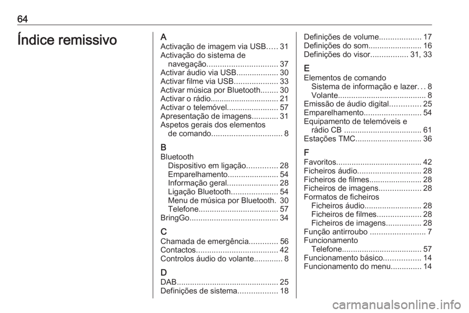 OPEL KARL 2019  Manual de Informação e Lazer (in Portugues) 64Índice remissivoAActivação de imagem via USB .....31
Activação do sistema de navegação ................................ 37
Activar áudio via USB ...................30
Activar filme via USB .