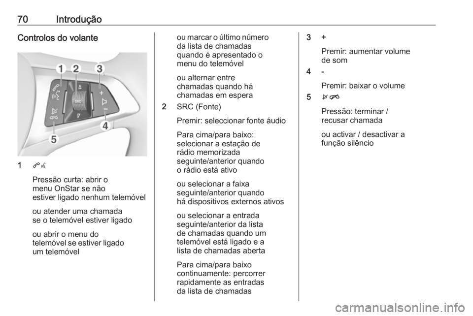 OPEL KARL 2019 Manual de Informação e Lazer (in Portugues) 70IntroduçãoControlos do volante
1qw
Pressão curta: abrir o
menu OnStar se não
estiver ligado nenhum telemóvel
ou atender uma chamada
se o telemóvel estiver ligado
ou abrir o menu do
telemóvel OPEL KARL 2019 Manual de Informação e Lazer (in Portugues) 70IntroduçãoControlos do volante
1qw
Pressão curta: abrir o
menu OnStar se não
estiver ligado nenhum telemóvel
ou atender uma chamada
se o telemóvel estiver ligado
ou abrir o menu do
telemóvel