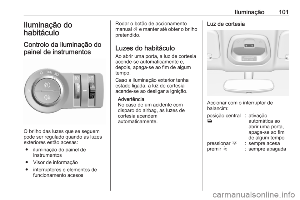 OPEL KARL 2019  Manual de Instruções (in Portugues) Iluminação101Iluminação do
habitáculo
Controlo da iluminação do painel de instrumentos
O brilho das luzes que se seguem
pode ser regulado quando as luzes
exteriores estão acesas:
● iluminaç