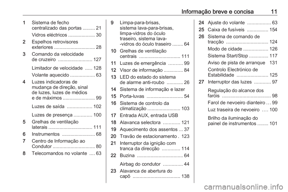 OPEL KARL 2019  Manual de Instruções (in Portugues) Informação breve e concisa111Sistema de fecho
centralizado das portas .........21
Vidros eléctricos .................... 30
2 Espelhos retrovisores
exteriores .............................. 28
3 Co