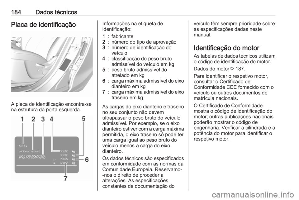 OPEL KARL 2019 Manual de Instruções (in Portugues) 184Dados técnicosPlaca de identificação
A placa de identificação encontra-se
na estrutura da porta esquerda.
Informações na etiqueta de
identificação:1:fabricante2:número do tipo de aprovaç OPEL KARL 2019 Manual de Instruções (in Portugues) 184Dados técnicosPlaca de identificação
A placa de identificação encontra-se
na estrutura da porta esquerda.
Informações na etiqueta de
identificação:1:fabricante2:número do tipo de aprovaç