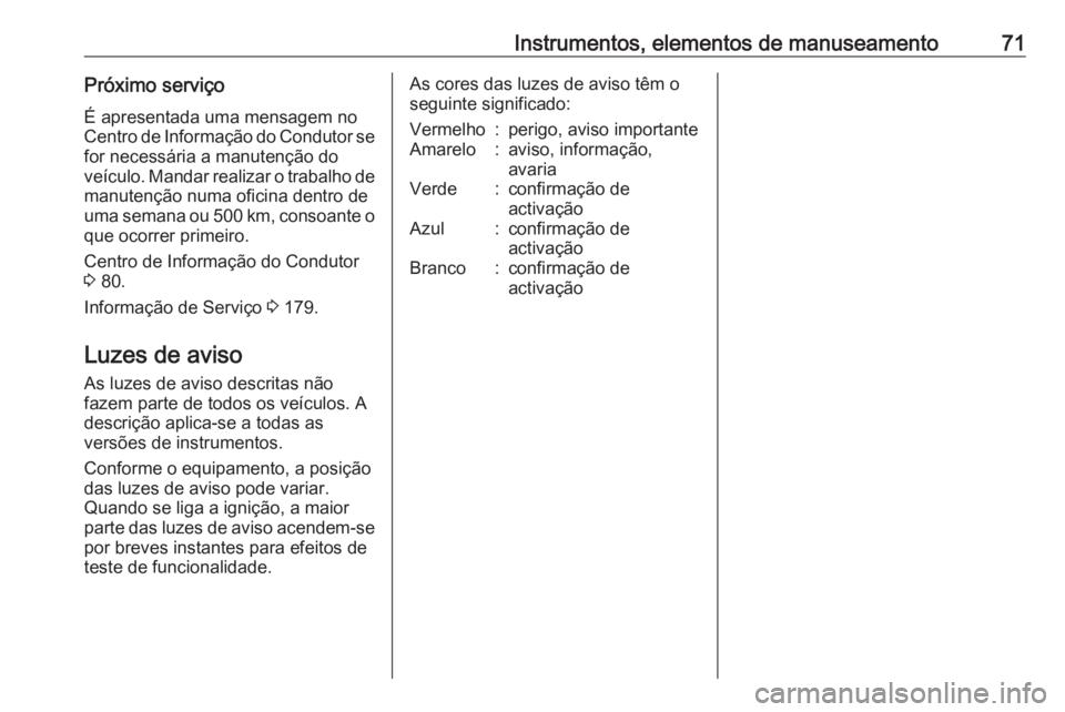 OPEL KARL 2019 Manual de Instruções (in Portugues) Instrumentos, elementos de manuseamento71Próximo serviçoÉ apresentada uma mensagem no
Centro de Informação do Condutor se for necessária a manutenção do
veículo. Mandar realizar o trabalho de OPEL KARL 2019 Manual de Instruções (in Portugues) Instrumentos, elementos de manuseamento71Próximo serviçoÉ apresentada uma mensagem no
Centro de Informação do Condutor se for necessária a manutenção do
veículo. Mandar realizar o trabalho de