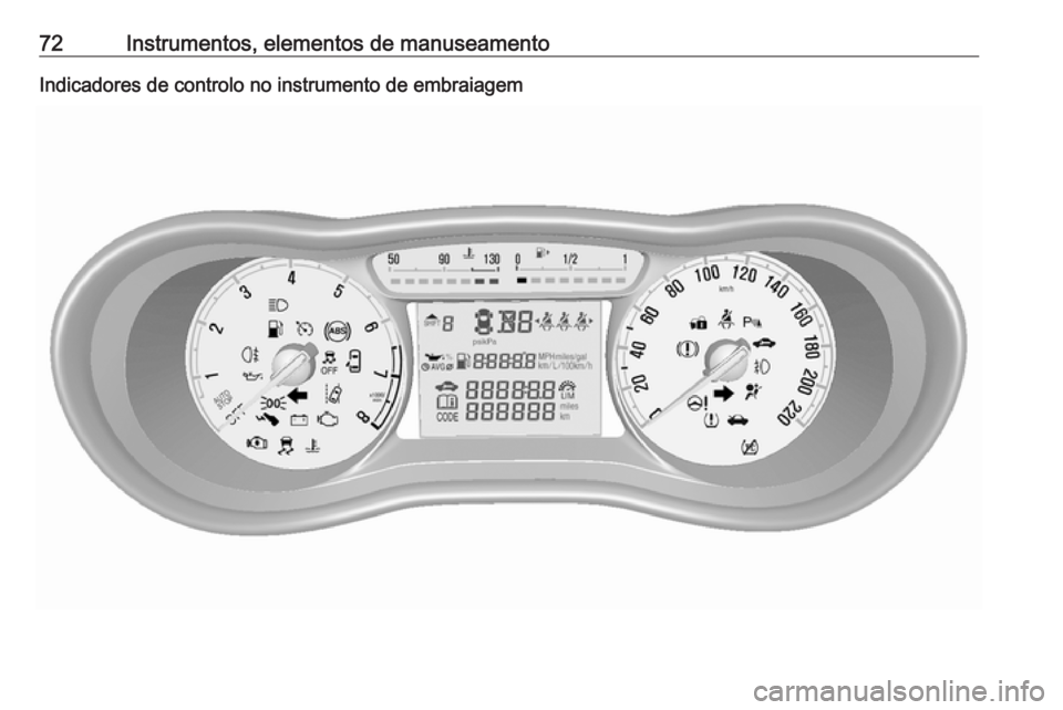 OPEL KARL 2019 Manual de Instruções (in Portugues) 72Instrumentos, elementos de manuseamentoIndicadores de controlo no instrumento de embraiagem OPEL KARL 2019 Manual de Instruções (in Portugues) 72Instrumentos, elementos de manuseamentoIndicadores de controlo no instrumento de embraiagem