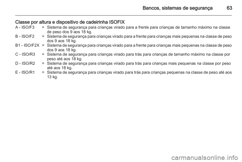 OPEL MERIVA 2014.5 Manual de Instruções (in Portugues) Bancos, sistemas de segurança63
Classe por altura e dispositivo de cadeirinha ISOFIXA - ISO/F3=Sistema de segurança para crianças virado para a frente para crianças de tamanho máximo na classede OPEL MERIVA 2014.5 Manual de Instruções (in Portugues) Bancos, sistemas de segurança63
Classe por altura e dispositivo de cadeirinha ISOFIXA - ISO/F3=Sistema de segurança para crianças virado para a frente para crianças de tamanho máximo na classede