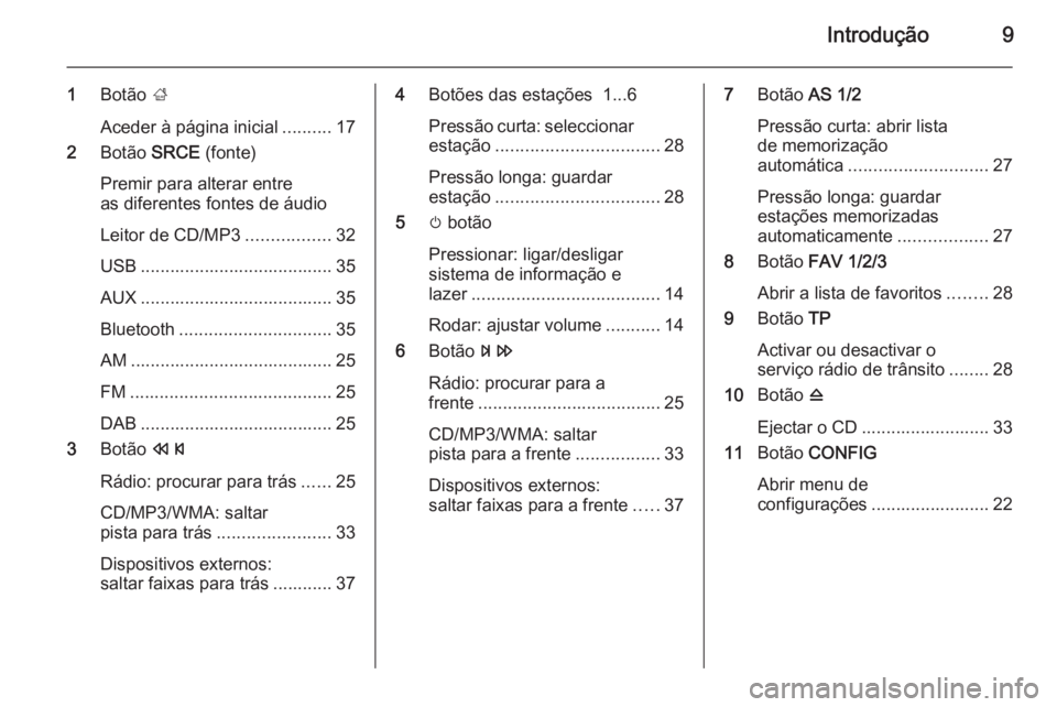 OPEL MERIVA 2015 Manual de Informação e Lazer (in Portugues) Introdução9
1Botão ;
Aceder à página inicial ..........17
2 Botão SRCE (fonte)
Premir para alterar entre
as diferentes fontes de áudio
Leitor de CD/MP3 .................32
USB ............... OPEL MERIVA 2015 Manual de Informação e Lazer (in Portugues) Introdução9
1Botão ;
Aceder à página inicial ..........17
2 Botão SRCE (fonte)
Premir para alterar entre
as diferentes fontes de áudio
Leitor de CD/MP3 .................32
USB ...............