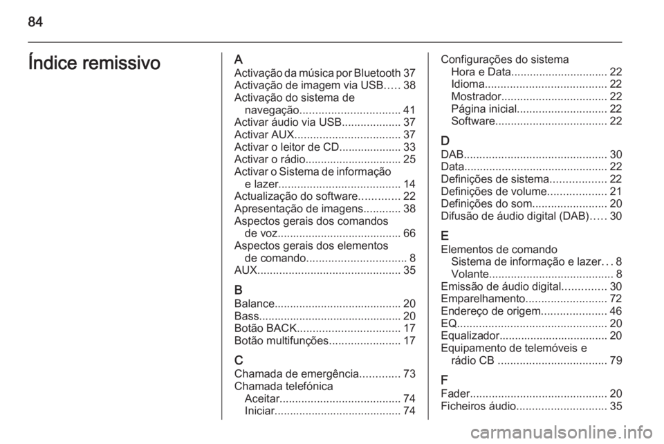 OPEL MERIVA 2015 Manual de Informação e Lazer (in Portugues) 84Índice remissivoAActivação da música por Bluetooth 37
Activação de imagem via USB .....38
Activação do sistema de navegação ................................ 41
Activar áudio via USB ..... OPEL MERIVA 2015 Manual de Informação e Lazer (in Portugues) 84Índice remissivoAActivação da música por Bluetooth 37
Activação de imagem via USB .....38
Activação do sistema de navegação ................................ 41
Activar áudio via USB .....