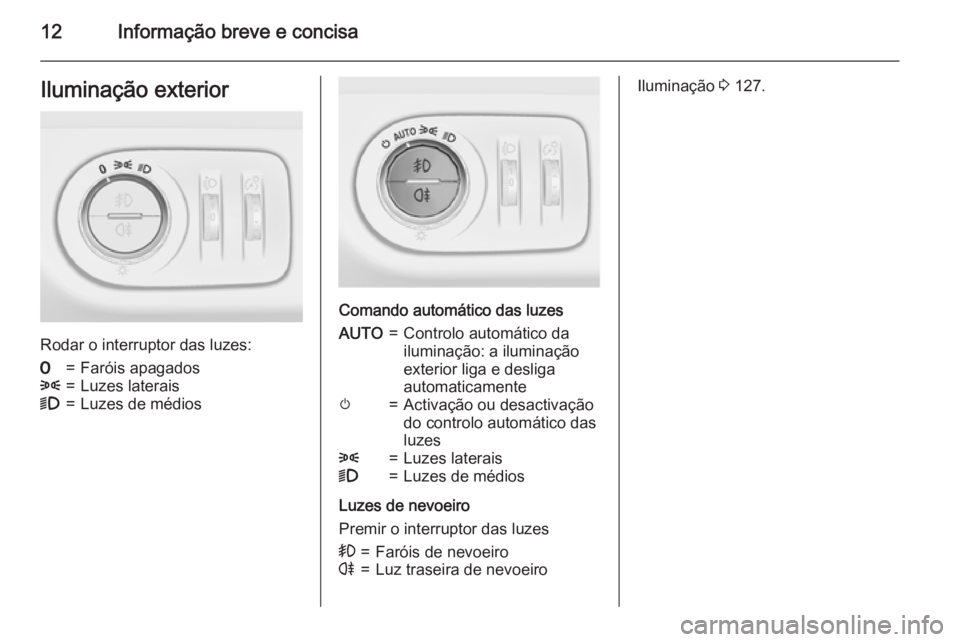 OPEL MERIVA 2015.5 Manual de Instruções (in Portugues) 12Informação breve e concisaIluminação exterior
Rodar o interruptor das luzes:
7=Faróis apagados8=Luzes laterais9=Luzes de médios
Comando automático das luzes
AUTO=Controlo automático da
ilumi OPEL MERIVA 2015.5 Manual de Instruções (in Portugues) 12Informação breve e concisaIluminação exterior
Rodar o interruptor das luzes:
7=Faróis apagados8=Luzes laterais9=Luzes de médios
Comando automático das luzes
AUTO=Controlo automático da
ilumi
