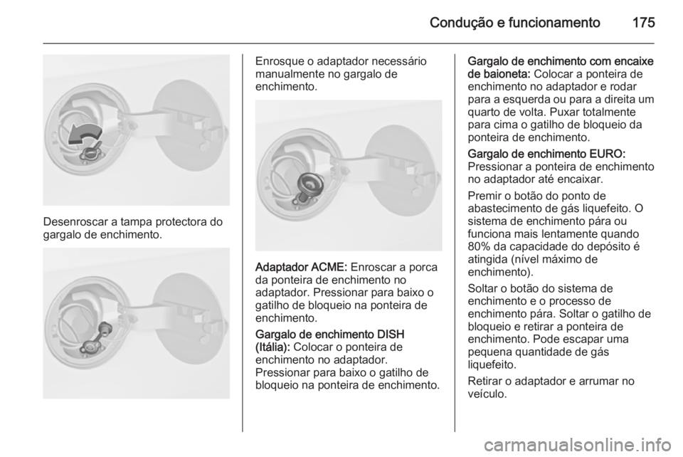 OPEL MERIVA 2015.5  Manual de Instruções (in Portugues) Condução e funcionamento175
Desenroscar a tampa protectora do
gargalo de enchimento.
Enrosque o adaptador necessário
manualmente no gargalo de
enchimento.
Adaptador ACME:  Enroscar a porca
da ponte