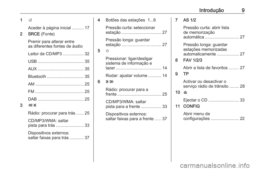 OPEL MERIVA 2016  Manual de Informação e Lazer (in Portugues) Introdução91;
Aceder à página inicial ..........17
2 SRCE  (Fonte)
Premir para alterar entre
as diferentes fontes de áudio
Leitor de CD/MP3 .................32
USB ...............................