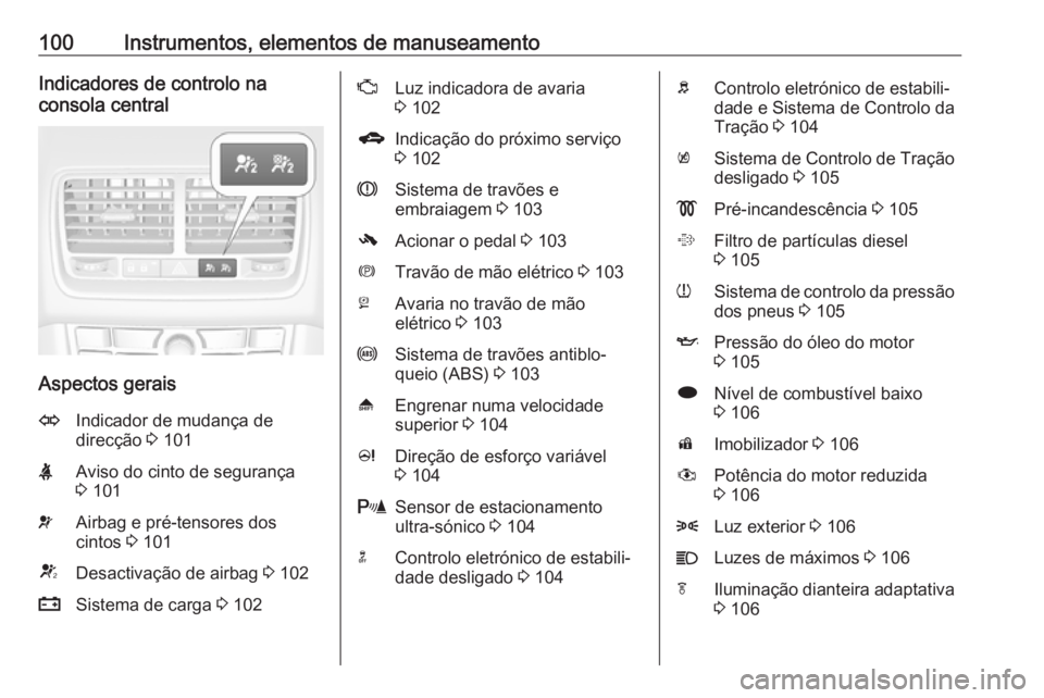OPEL MERIVA 2016 Manual de Instruções (in Portugues) 100Instrumentos, elementos de manuseamentoIndicadores de controlo na
consola central
Aspectos gerais
OIndicador de mudança de
direcção 3 101XAviso do cinto de segurança
3 101vAirbag e pré-tenso OPEL MERIVA 2016 Manual de Instruções (in Portugues) 100Instrumentos, elementos de manuseamentoIndicadores de controlo na
consola central
Aspectos gerais
OIndicador de mudança de
direcção 3 101XAviso do cinto de segurança
3 101vAirbag e pré-tenso
