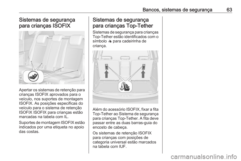 OPEL MERIVA 2016 Manual de Instruções (in Portugues) Bancos, sistemas de segurança63Sistemas de segurança
para crianças ISOFIX
Apertar os sistemas de retenção para
crianças ISOFIX aprovados para o veículo, nos suportes de montagem
ISOFIX. As posi OPEL MERIVA 2016 Manual de Instruções (in Portugues) Bancos, sistemas de segurança63Sistemas de segurança
para crianças ISOFIX
Apertar os sistemas de retenção para
crianças ISOFIX aprovados para o veículo, nos suportes de montagem
ISOFIX. As posi