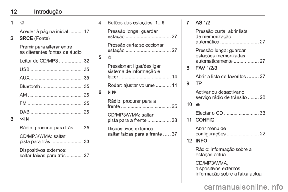 OPEL MERIVA 2016.5  Manual de Informação e Lazer (in Portugues) 12Introdução1;
Aceder à página inicial ..........17
2 SRCE  (Fonte)
Premir para alterar entre
as diferentes fontes de áudio
Leitor de CD/MP3 .................32
USB ..............................